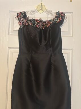 Jovani Black Satin Dress with Floral Embroidered Yoke